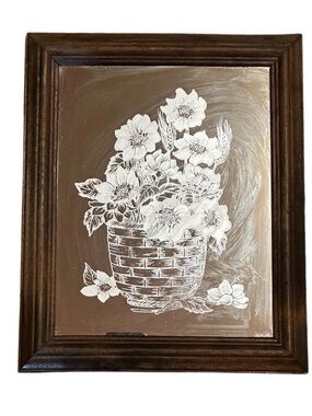 Vintage Framed Floral Basket Wall Art Etched Mirror